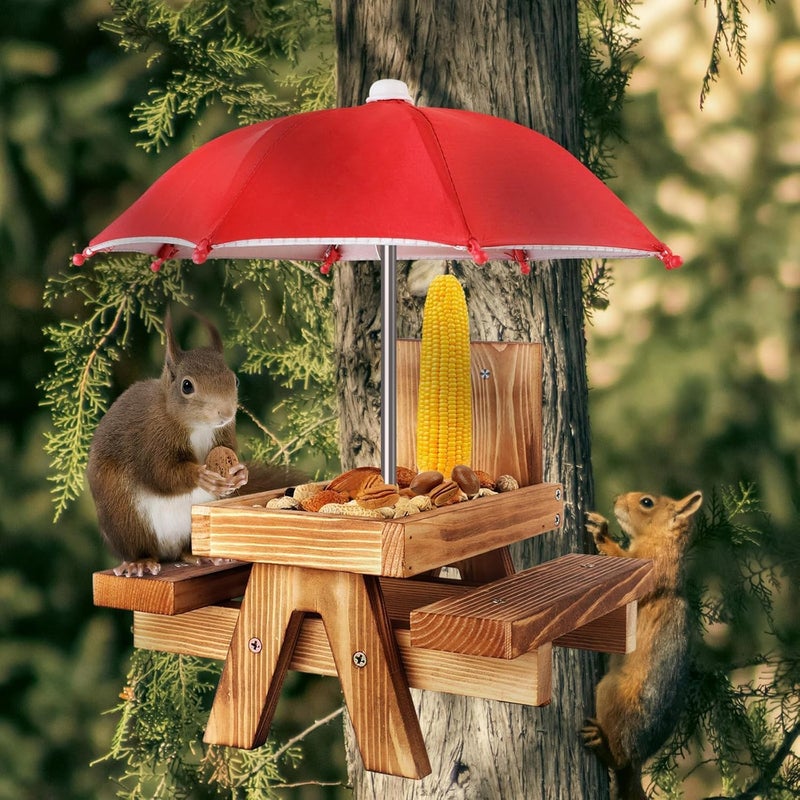 Gnodry Gnodary Squirrel Feeder with Umbrella, Squirrel Feeders for Outside, Squirrel Picnic Table Feeder - Chipmunk Feeder Hold Corn, Corn Cob, Peanuts (Bright-Red) - Image 5
